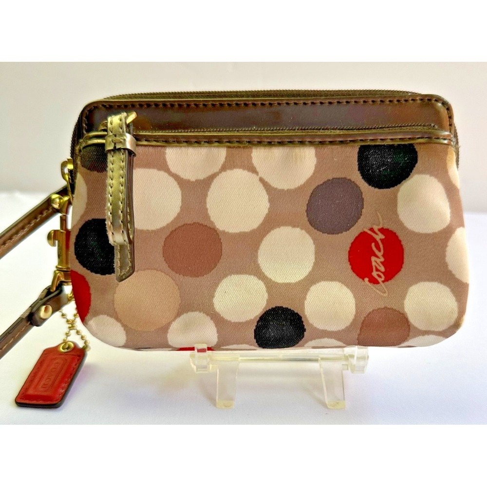 Coach Poppy Watercolor Polka Dot Double Zip Wristlet 6"x4" Y2K Brown/White/Red